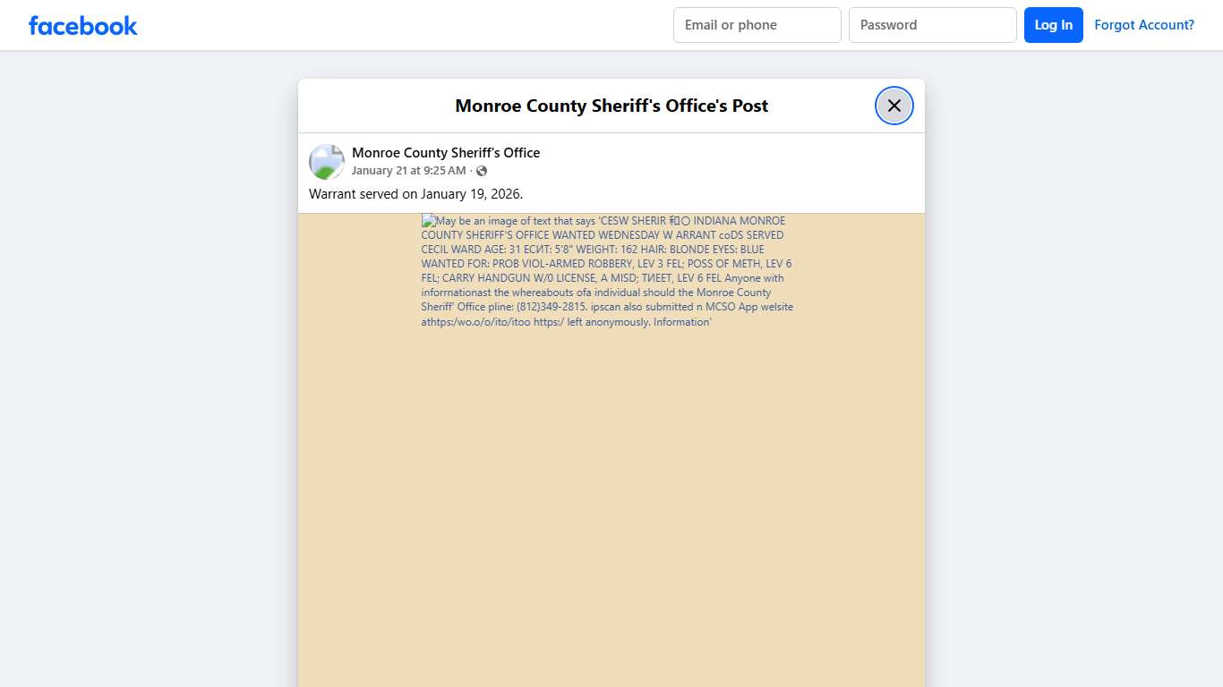 Warrant served on January... - Monroe County Sheriff's Office Facebook